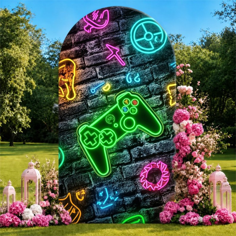 Gaming Console Icon - Einseitige Bogenförmige Hintergrunddekoration mit Neon-Gaming-Thema für